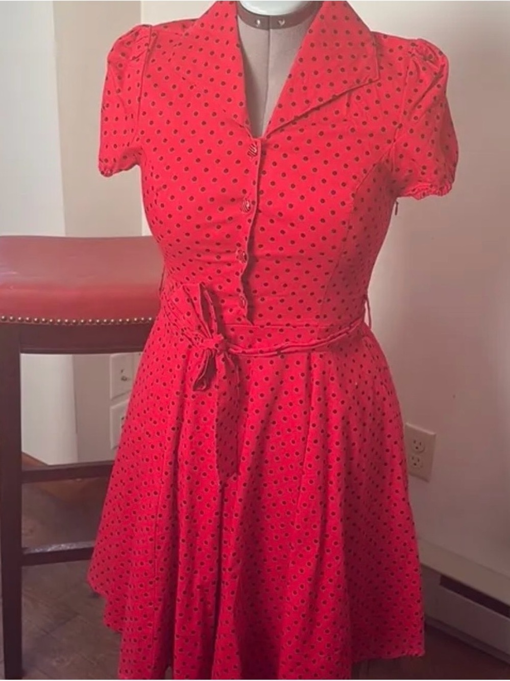 Vintage-Inspired Red Polka Dot Midi Dress with Tie Waist